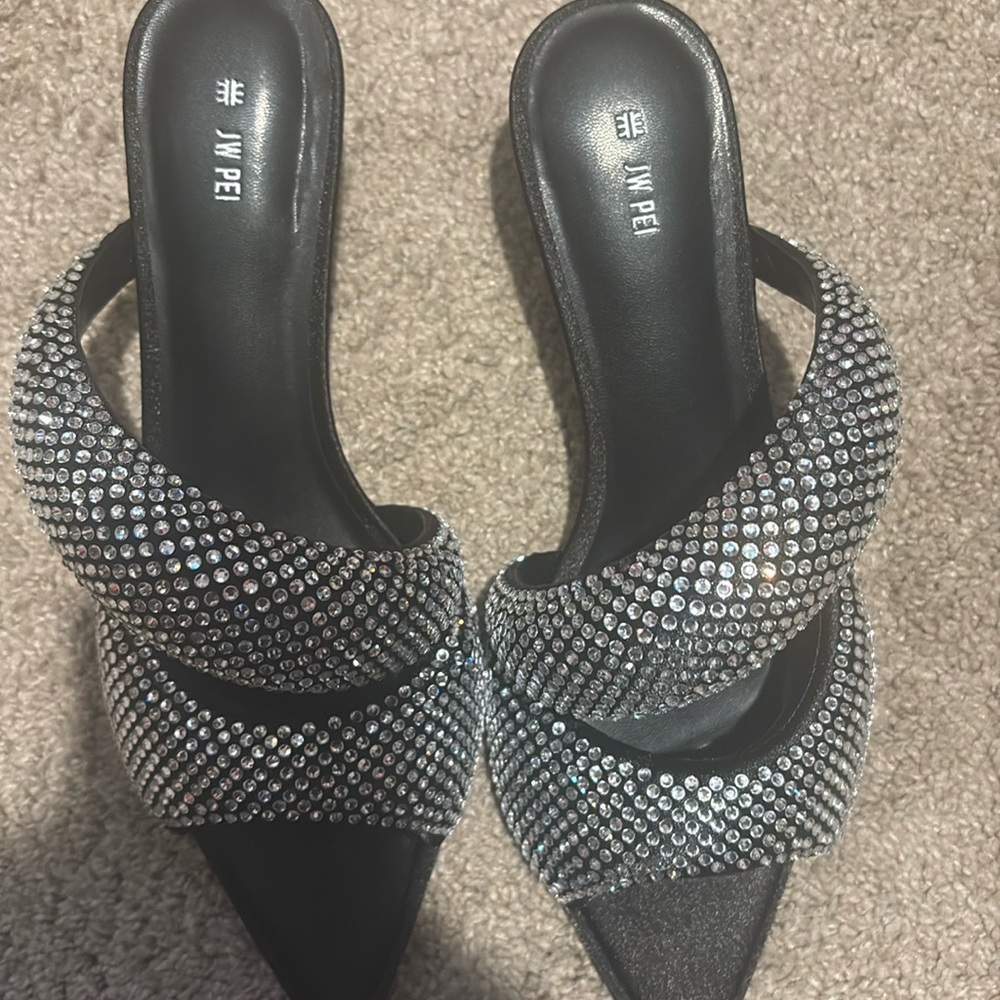 JW PEI Black and Silver Heels with Intricate Braided Design